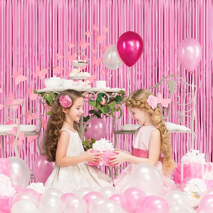 Thicken Pink Streamers 4 Pack 3.2 x 8.2 FT, Pink Birthday Decorations for Girls, Tinsel Backdrop Curtains, Foil Fringe Photo Backdrop for Bachelorette, Graduation, Baby Shower Party Decorations