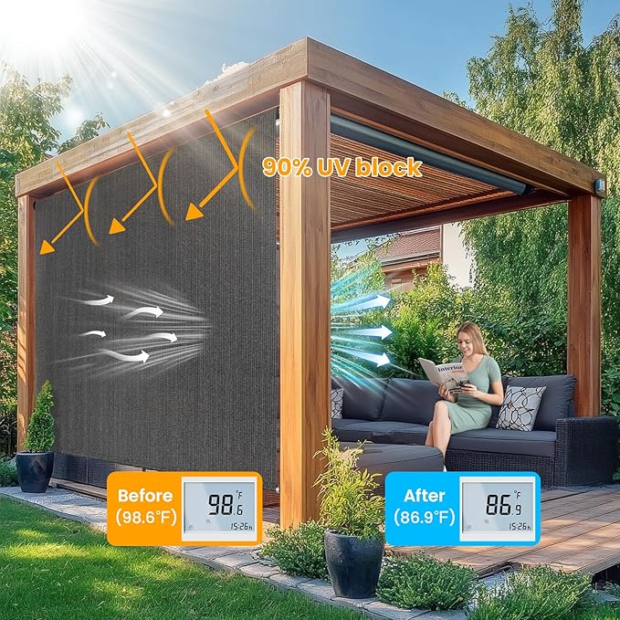 8'W x 8'H Gray Patio Shades Roll up Outdoor Roller Shade Crank Wand Blind