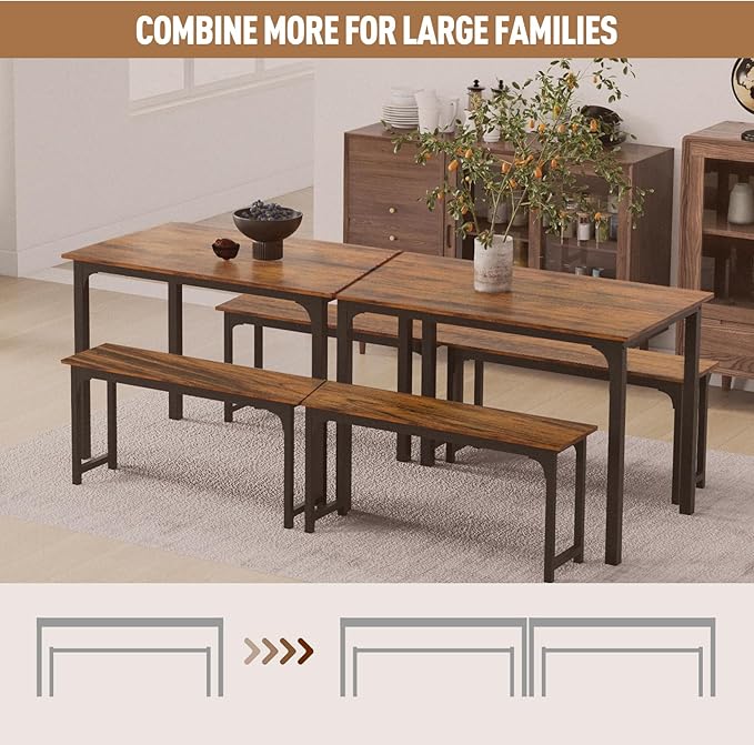 NAFORT Dining Table Set for 4, 3-Piece Kitchen Table with 2 Benches, 43.5’’ Space Saving Dining Room Table with Reinforced Metal Frame & Solid Wood Top, Ideal for Home, Restaurant, Patio Outdoor