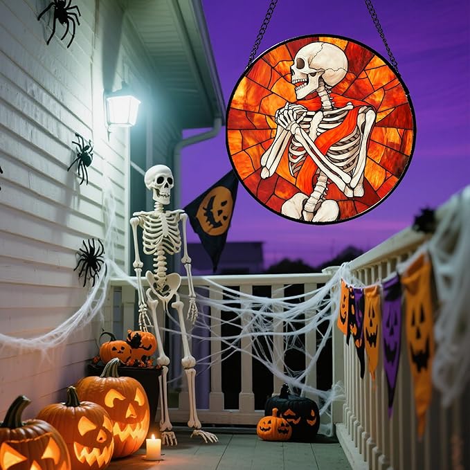 Stained Glass Window Hanging - Halloween Decorations Fear Skeleton Suncatcher for Doors Garden Indoor Spooky Funny Sun Catchers Gothic Decor Horror Gifts for Women Men Friend 7.8 in