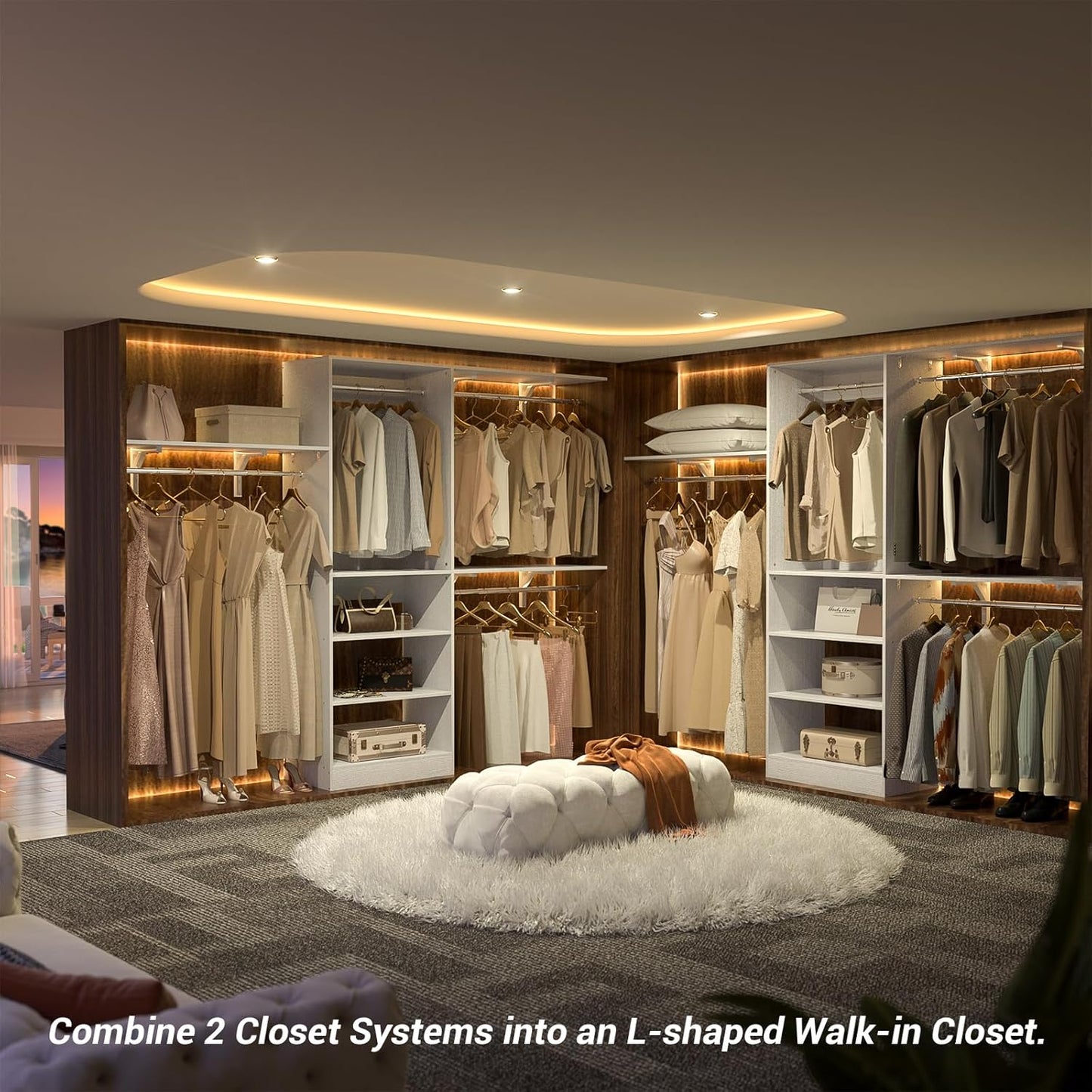 8FT Closet System with Shelves, 96'' Closet Organizer System with 3 Hanging Rods, Wall Mount Bedroom Wardrobe Walk-in Closet, Adjustable Cloth Garment Rack from 5 to 8FT (Cut to Fit), White