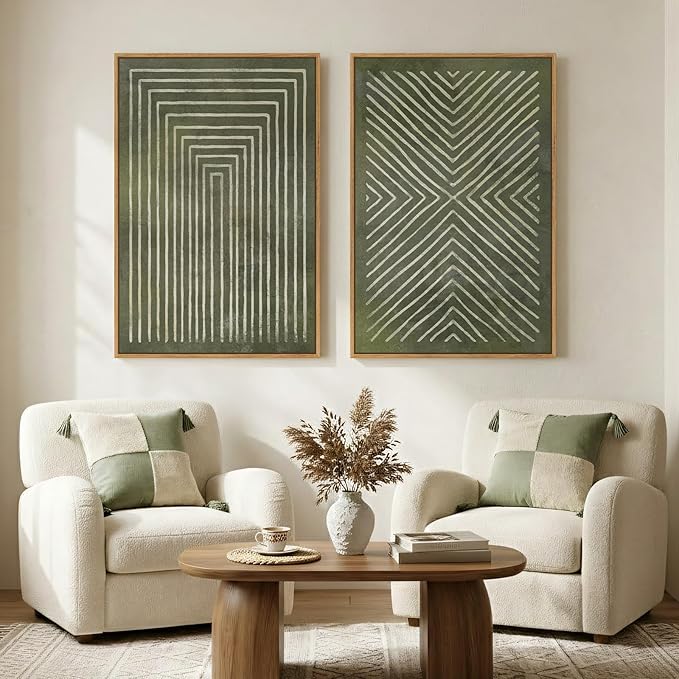 Large Framed Green Abstract Wall Art, 2 Piece Modern Canvas Prints Paintings