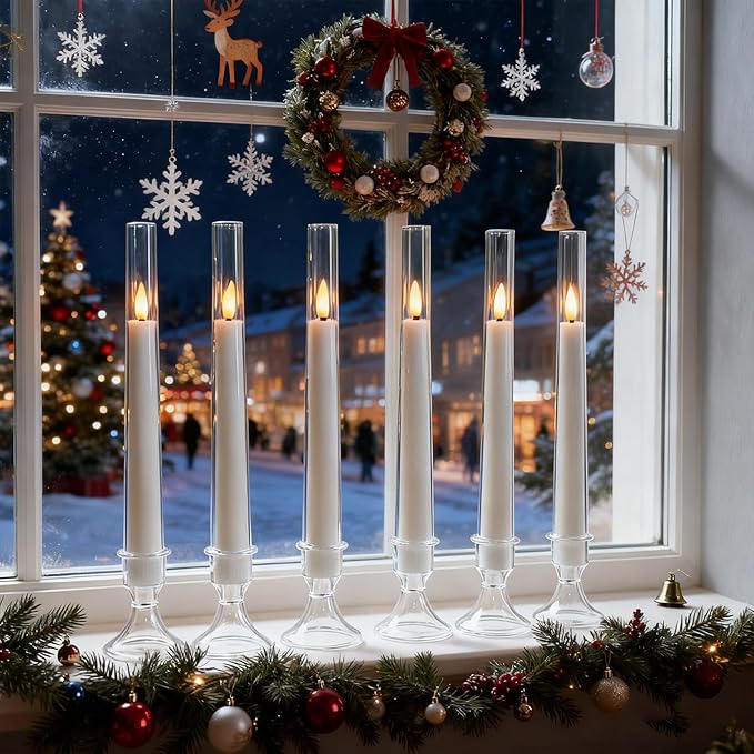 Lezonic Flameless Windows Candles Battery Operated with Timer Remote, 6Pcs White Acrylic Flameless Candlesticks with Holders, LED Taper Candles Flickering for Halloween Christmas, 0.8 x 8 inches