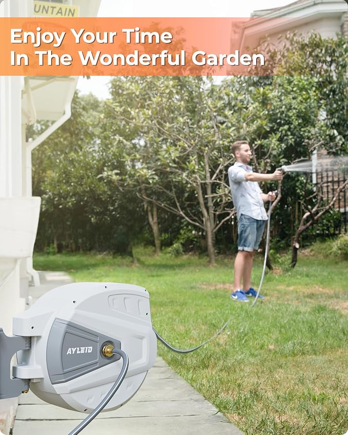 Ayleid Retractable Rubber Hybrid Garden Hose Reel, 1/2"x130ft Wall Mount | Anti-freeze, kink-free premium rubber hybrid hose, 24-month warranty, 9-pattern sprayer, any-length lock, slow auto-return.