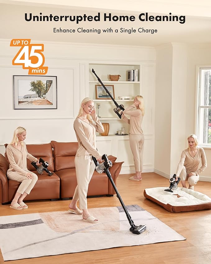 Trucozie Cordless Vacuum Cleaner, 8-in-1 Lightweight Stick Vacuum with 45mins Runtime, Powerful Suction, Vacuum Cleaners for Home, Hardwood Floors, Carpet, Pet Hair, Black