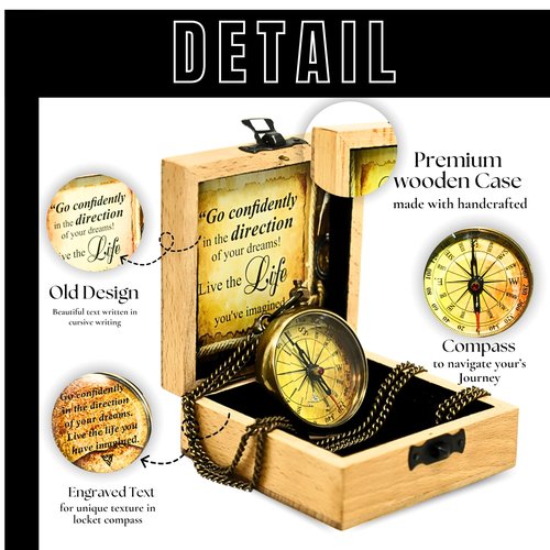 Antique Pocket Compass with Wooden Box for Gift on Birthday Compass Engraved with Inspirational Quotes, Brown Gift for Birthday Anniversary