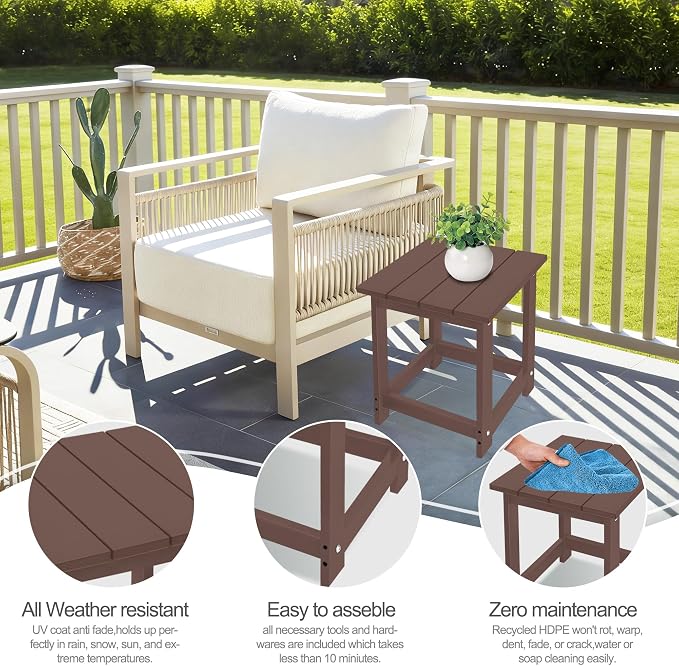 LZRS Square Patio Side Table, Heavy Duty HDPE Outdoor End Table with Wood Texture, Weatherproof Composite Table for Adirondack Chairs, Deck, Pool, Indoor/Outdoor, No Peeling or Cracking(Brown)
