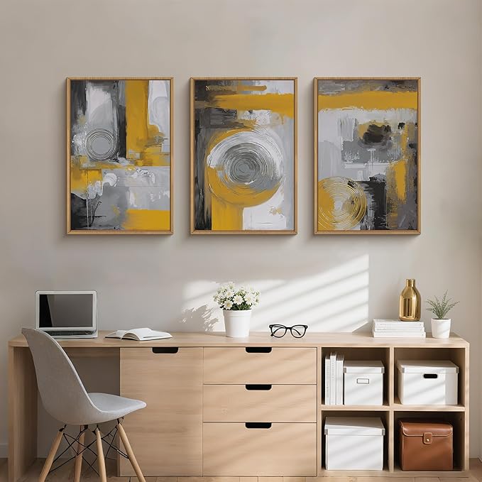 FWIEXA Black Grey Abstract Canvas Wall Art Set of 3, Framed Orange Modern Wall Paintings, Minimalist Graffiti Textured Artwork, 16x24 Inches Brush Stroke Wall Decor for Living Room, Bedroom, Office