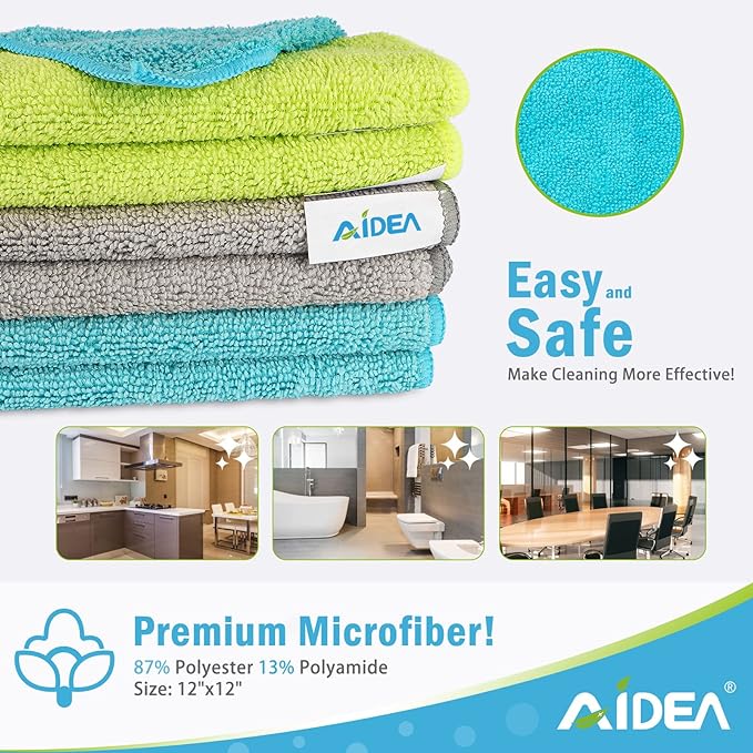 AIDEA Microfiber Cleaning Cloth-12PK, Soft Microfiber Towels for Cars, Absorbent Cleaning Rags, Lint-Free Streak-Free Wash Cloths for House, Kitchen, Window(12in.x12in)