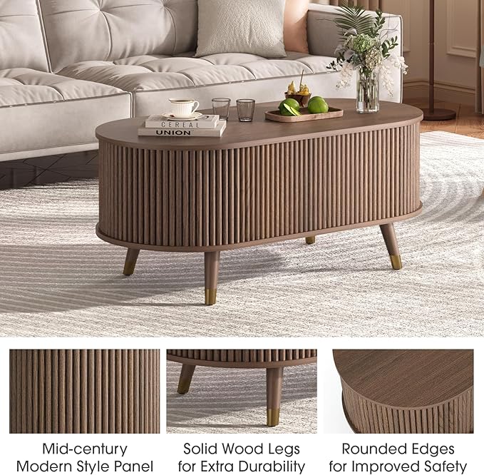 42.5" Oval Lift Top Coffee Table with Storage, Mid Century Modern Walnut Center Table with Fluted Design, Pop Up Coffee Table for Living Room,Solid Wood Legs & Hidden Compartment,
