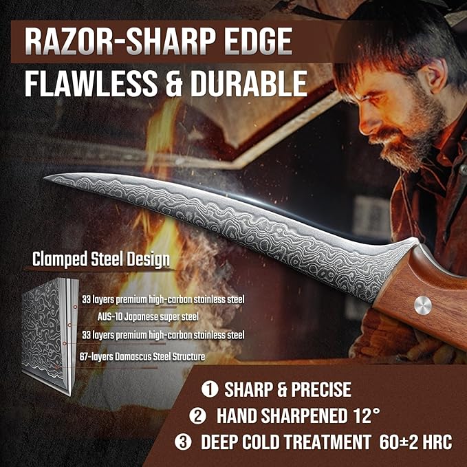 DRAGON RIOT Damascus Boning Knife 6 inch, Professional VG-10 Steel Japanese Fillet Knife, Flexible Deboning Knife,Kitchen Trimming Knife with Ergonomic Wood Handle, Premium Gift Box