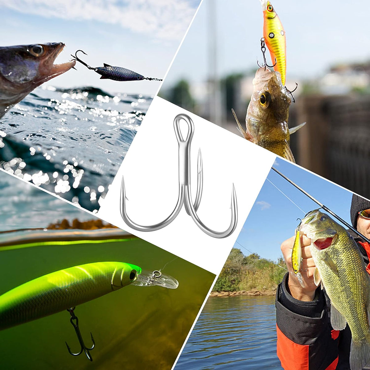 Shaddock Fishing Treble Hooks, Round Bend Short Shank Treble Hooks, High Carbon Steel, Wide Gap for Lures, Baits, Stripe, Trout, Bass, Salmon, Panfish 100/200PCS