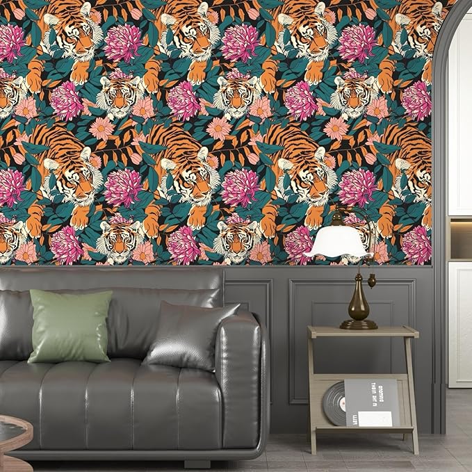 BOKEBEVE Tiger Wallpaper Peel and Stick Vintage Floral Contact Paper Retro Boho