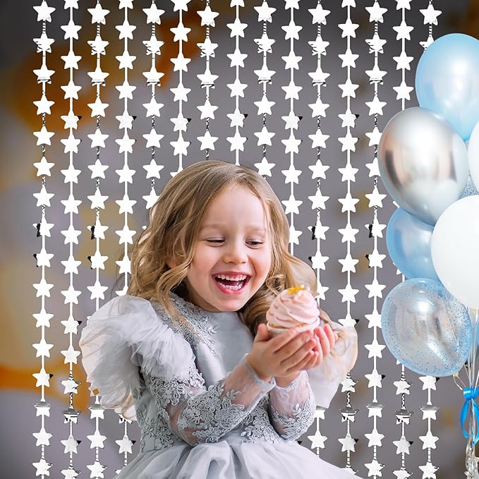 LOLStar 2 Pack Glitter Silver Stars Birthday Decorations 3.3X6.6 ft Each Silver Star Backdrop Foil Fringe Curtains,Perfect for New Year Eve 2026 Twinkle Star Space Celebration Disco Party Decor