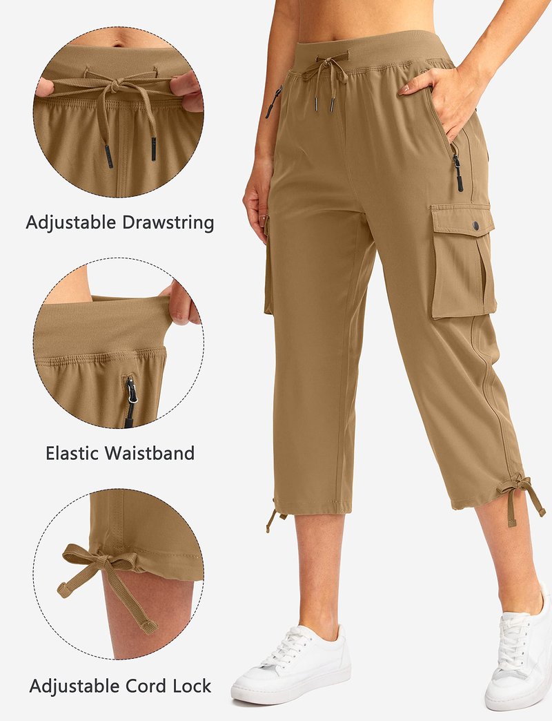 Soothfeel Women's Cargo Capris Pants with 6 Pockets Lightweight Quick Dry Travel Hiking Summer Pants for Women Casual (Dark Khaki, XS)