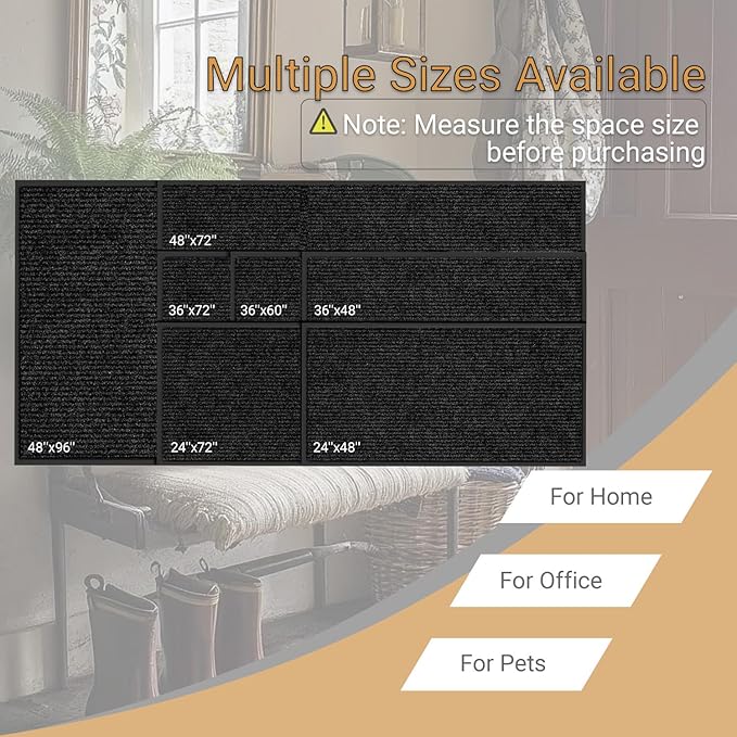 Outdoor Entry Rubber Rug, 6'x2' Commercial Heavy Duty Rubber Large Exterior Door Mat, Industrial Non-Slip Waterproof Welcome Floor Mats for Garage, Kitchen, Patio, Black 72" x 24"