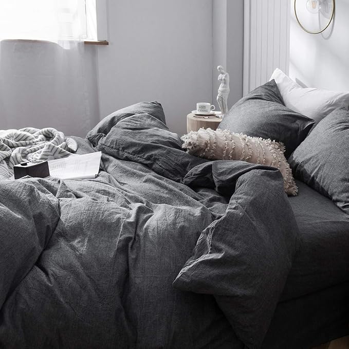 MooMee Bedding Duvet Cover Set 100% Washed Cotton Linen Like Textured Breathable Durable Soft Comfy (Heathered Dark Grey, Super King Plus 120"x120")