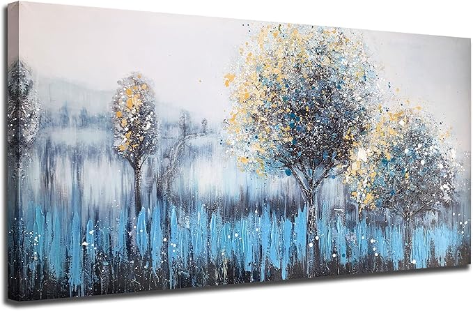 Arjun Tree Wall Art Canvas Teal Landscape Painting Blue Forest Textured Picture Modern Panoramic Abstract Nature Artwork Large Size Framed for Living Room Bedroom Bathroom Home Office Wall Decor