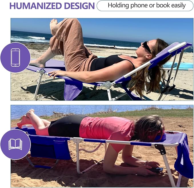 Tanning Chair with Face Hole, Adjustable Folding Chaise Lounge Chairs for Outside with Detachable Pillow & Pocket，Portable flat beach chairs for sunbathing, beach lawns camping (Purple, Oversized)