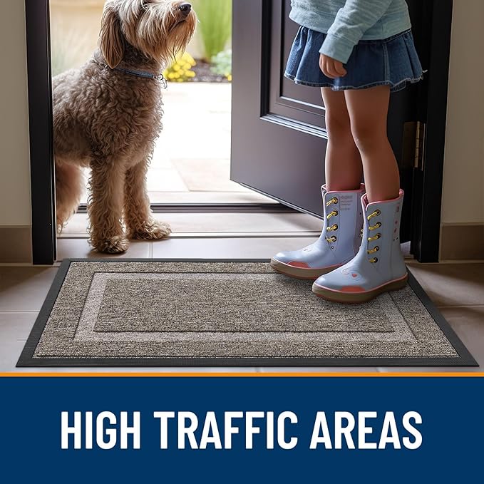 OLANLY Front Door Mat Indoor Outdoor Entrance, Waterproof All-Season, All-Weather Doormat, Sturdy Natural Rubber, Low Profile, Easy Clean Patio Porch Entryway Mat, 71x23, Khaki and White