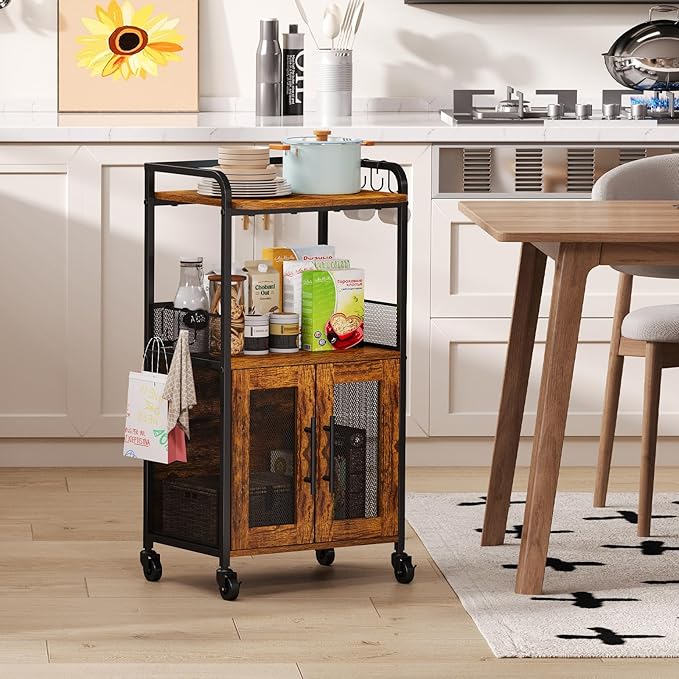 Coffee Cart, 3 Tier Coffee Cabinet with Storage, Small Coffee Station with 2 Doors, Movable Bar Cart with 4 Casters for Home Kitchen, Dining Room, Living Room (Rustic Brown) (Small)