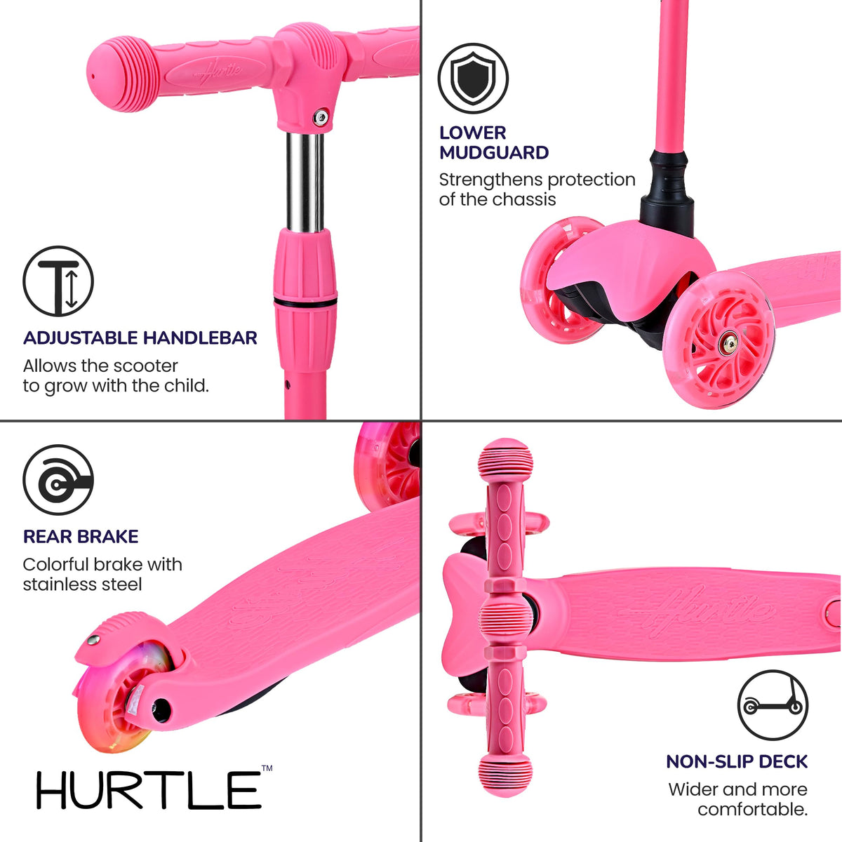 Hurtle Mini Kickboard Scooter for Kids - Height Adjustable 25''-28'', Lightweight 3-Wheel with LED Light-up Wheels, Anti-Slip,Indoor/Outdoor Fun, Micro Scooters for Ages 2-5 (Watermelon)