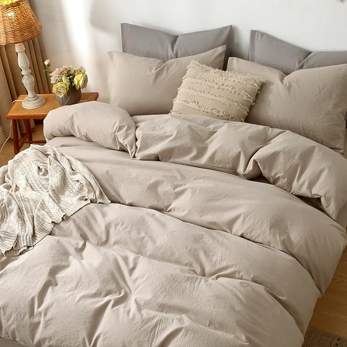 MooMee Bedding Duvet Cover Set 100% Washed Cotton Linen Like Textured Breathable Durable Soft Comfy (Heathered Taupe, King 104"x90")