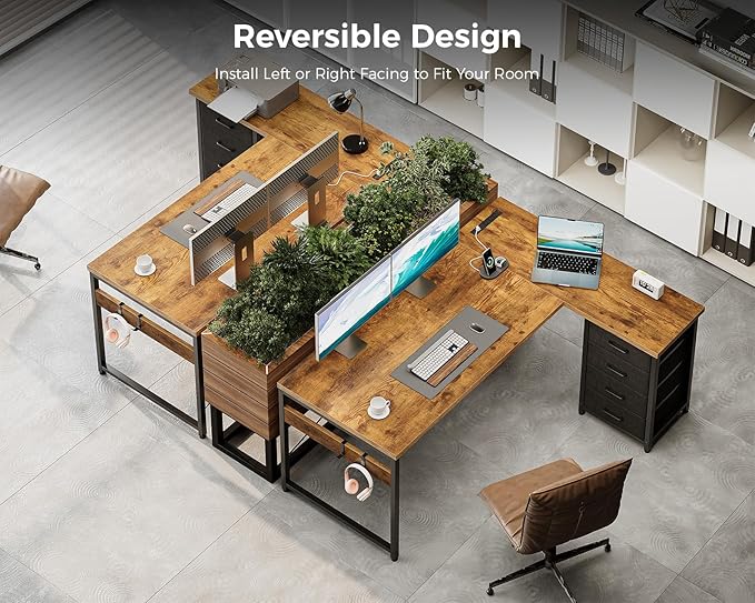AODK L Shaped Gaming Desk with 4 Drawers, 53" Reversible Home Office Desks with Power Outlets, L Shaped Computer Desk with USB Charging Port and Host Stand, Corner Desk, Easy to Assemble, Vintage
