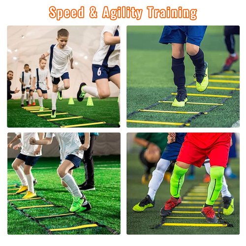 AOPUETRX 20FT Agility Soccer Ladder Training Equipment Set Football Gifts for Boys 8-14 with 12 Cones, Solo Trainer & Jump Rope, Suitable for Home Gym and Playground