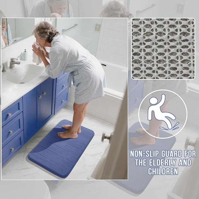 Yimobra Long Bath Mat 44"x24", Super Soft Quick Dry Memory Foam Bathroom Rug, Water Absorbent, Non Slip Backing Machine Washable for Tub Shower, Thick Comfort Support, Navy Blue