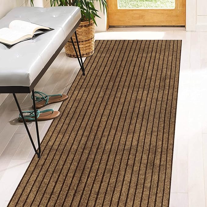 4' x 43' Runner Rugs with Rubber Backing, Indoor Outdoor Utility Carpet Runner Rugs, Stripe Brown, Can Be Used as Aisle for The RV and Boat, Laundry Room and Balcony