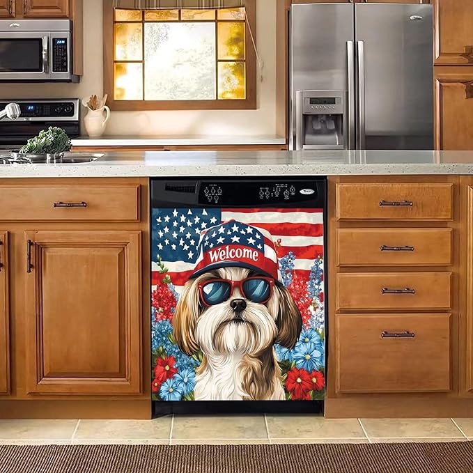 American Flag Pet Dogs Magnetic Sticker Dishwasher Cover Kitchen Decor, 23x26inch Floral Dishwasher Magnet Cover, Patriotic Dishwasher Decal, Refrigerator Panel,Magnetic Dishwasher Sticker