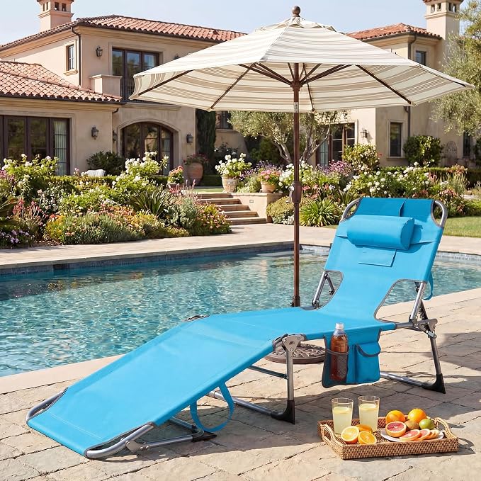 GYMAX Tanning Chair with Face Hole, Sun Bathing Lounge Chairs for Outside with Side Pocket, Folding Portable Face Down Layout Tanning Chair Beach, Backyard, Poolside, Lawn (Blue,2)
