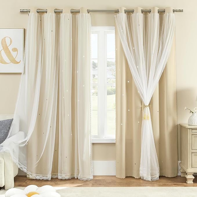 XiDi Beige Girls Curtains for Bedroom, Girls Room Blackout Curtains for 63