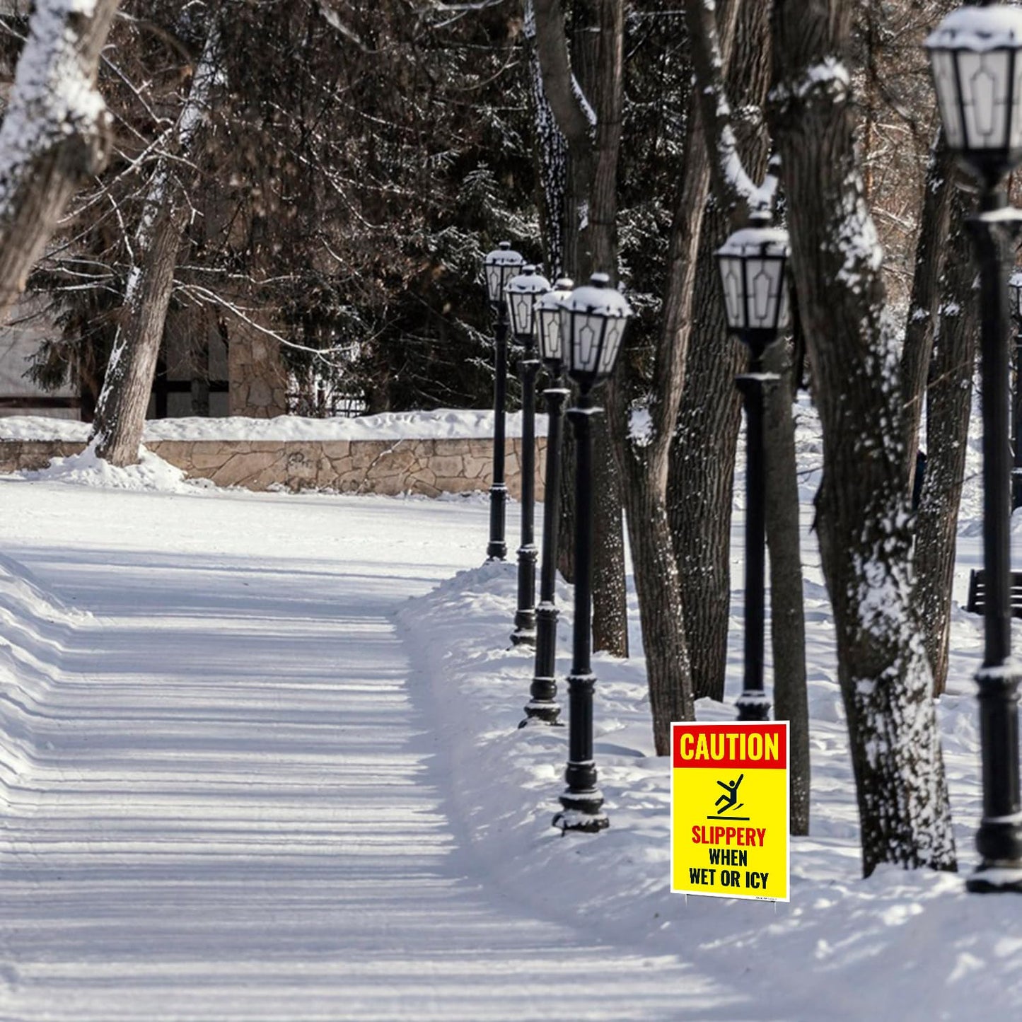 Caution Slippery When Wet or ICY Sign, (SI-84404) Double Sided 9x12 Inches, Corrugated Plastic with Metal H Stake, Made in USA by Sigo Signs