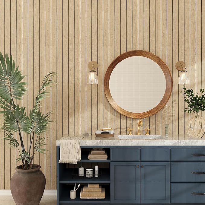 VEELIKE Light Oak Wood Wall Panels Peel and Stick Foam Slat Wallpaper