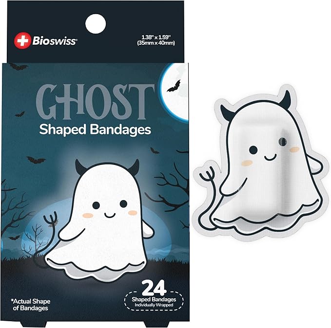 BioSwiss Kids Bandages, Halloween Ghost Shaped Self Adhesive Bandage Set, Latex Free, Sterile Wound Care, 24 Count