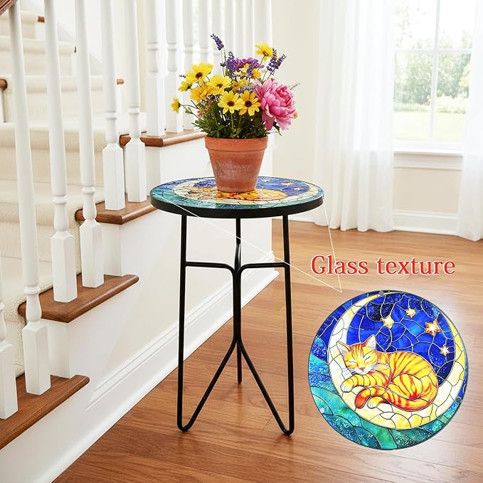 12 Inch Folding Outdoor Side Tea Table,Moon Kitten Small Accent Tables, Plant Tables Indoor,Garden or Living Room Decor Afternoon Tea Dinner Table, Simple Assembly Cast Iron Plant Stand