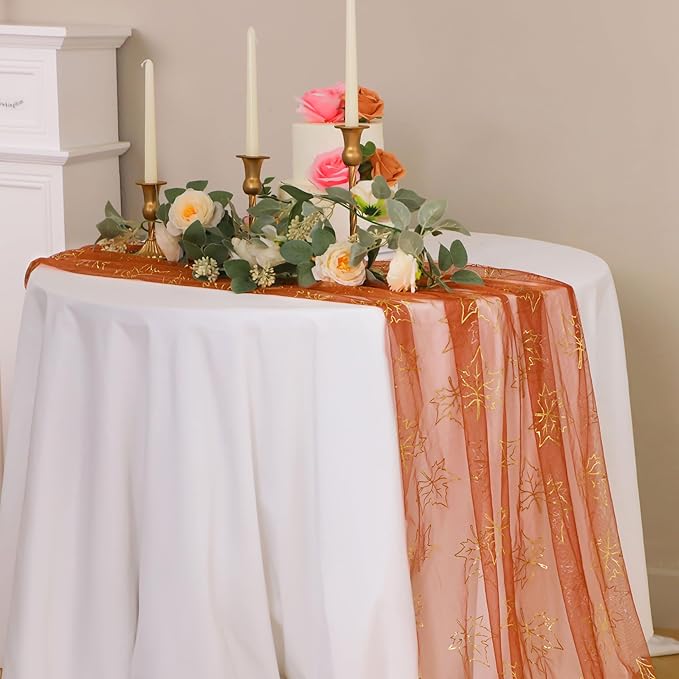 Snowkingdom Fall Thanksgiving Table Runner 10Ft, Gold Maple Leaves Burnt Orange Rust Sheer Tulle Gauze Cheesecloth, Golden Sequin Glitter Dining Table Centerpieces Decorations for Autumn Harvest Party