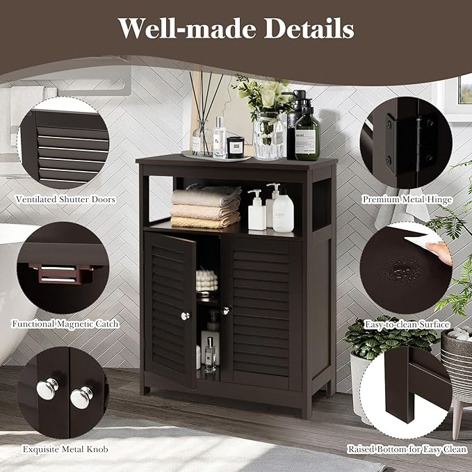 GLACER Bathroom Floor Cabinet, Wooden Storage Cabinet with Double Shutter Doors & 3-Position Adjustable Shelf, Side Storage Organizer, 23.5 x 12 x 31.5 inches (Espresso)