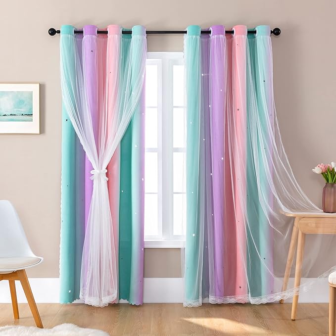 XiDi Pink Green Curtains 108 Inches Long, Unicorn Wall Decals