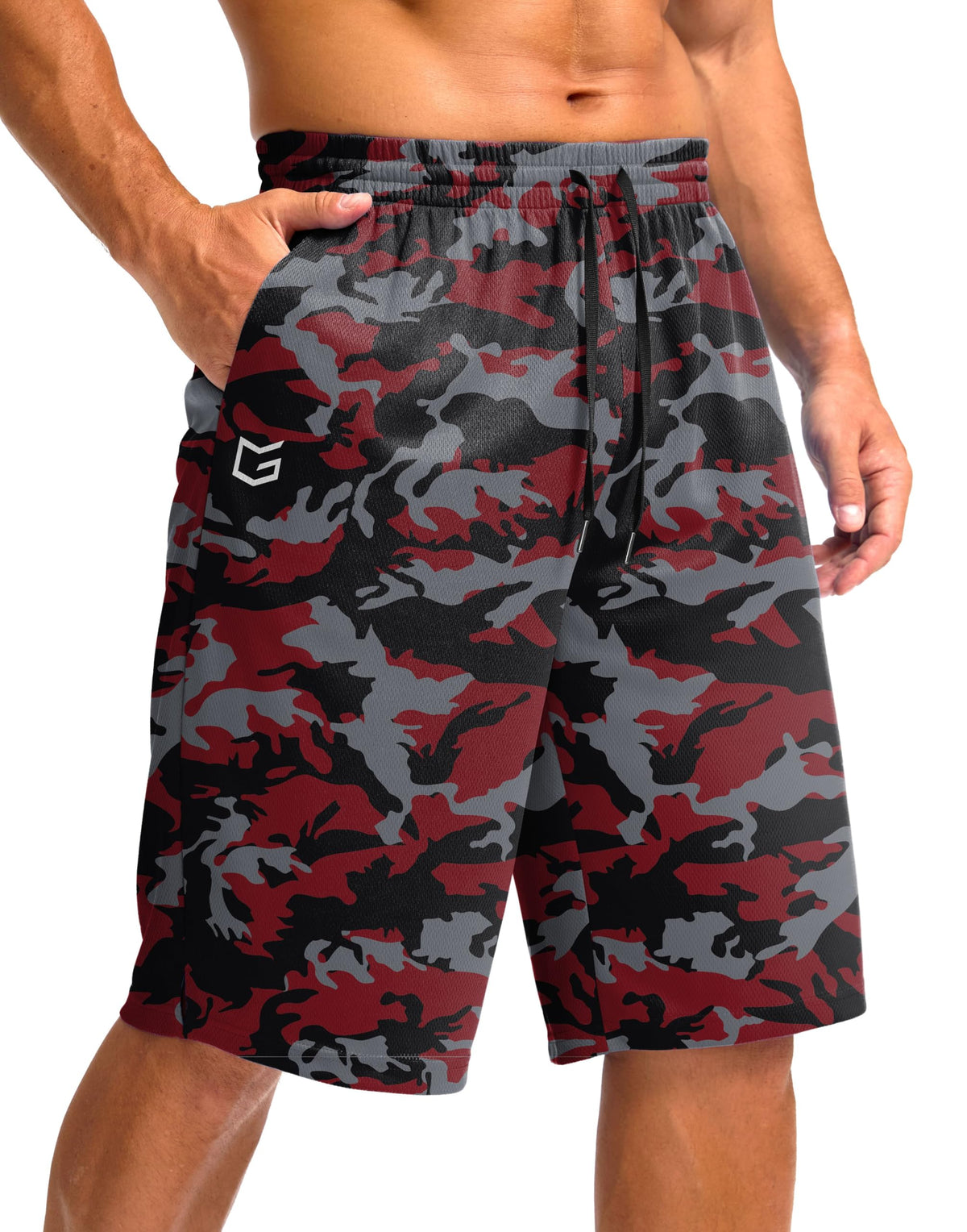 G Gradual Men's Athletic Shorts with Pockets 9" / 11" Long Basketball Shorts Lightweight Quick Dry Gym Workout Shorts for Men(Red Camo,XXL)
