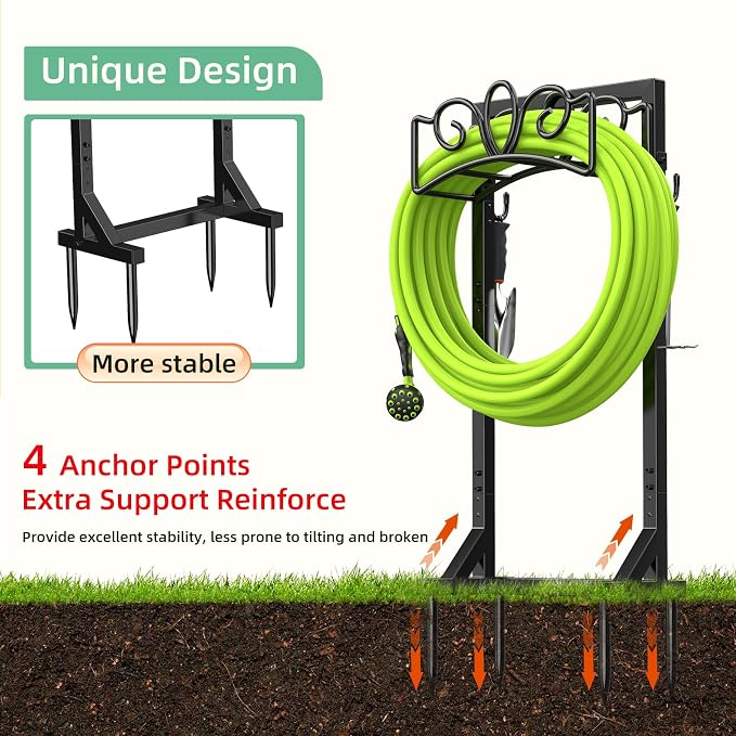 Garden Hose Holder Reel, Upgraded Metal Hose Reels Holds 150ft Hose, Heavy Duty Freestanding Water Hose Holders, Detachable Hose Storage Hanger for Outside - Flower Vine