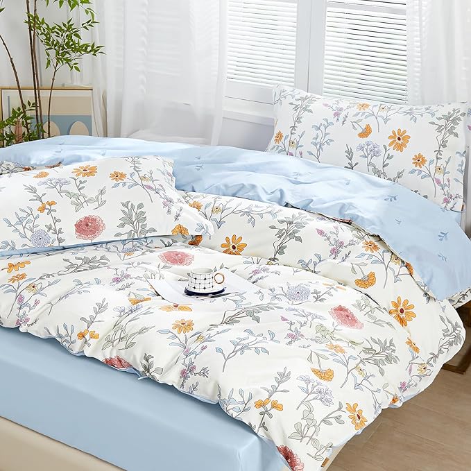 SAPHREAS Floral Duvet Cover Set King Size 3pcs Garden Style Botanical Flower Leaves Pattern Bedding Comforter Cover Set 100% Cotton 1 Duvet Cover 104"x90" 2 Pillow Shams, Comforter Not Included