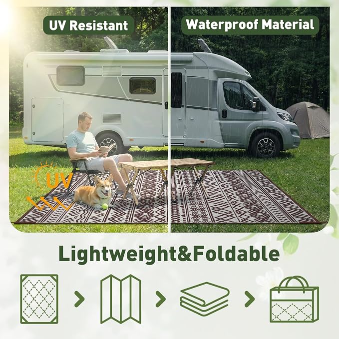 MontVoo Outdoor Rug 8x10 Waterproof Outdoor Patio Rug Mat Reverisble Plastic Straw Outdoor Rug for RV Camping Picnic Beach Balcony Boho Beige Brown