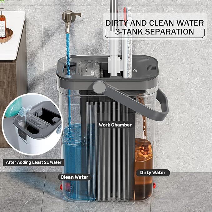 Mop and Bucket Set, Flat Mop and Bucket System with Separate Dirty and Clean Water, 3-Compartment Wall Cleaner Mop, Flat Mops for Floor Cleaning with 6 Microfiber Pads