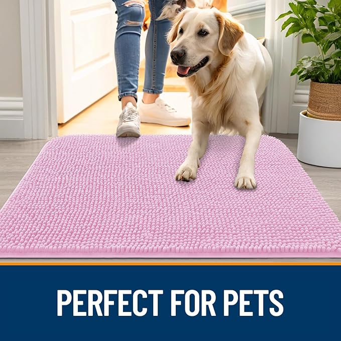OLANLY Dog Door Mat for Muddy Paws 59x24, Absorbs Moisture and Dirt, Absorbent Non-Slip Washable Doormat, Quick Dry Chenille Mud Mat for Dogs, Entry Indoor Entryway Carpet for Inside Floor, Pink