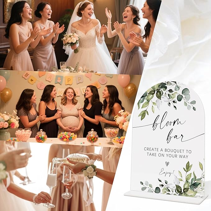 Wedding Signs for Reception, Green Leaves Bloom Bar Sign, Wedding Reception Signage, Bridal Shower Table Decorations with Base, Bloom Bar Supplies for Proposal, Bridal Shower Events and Ceremony, 01