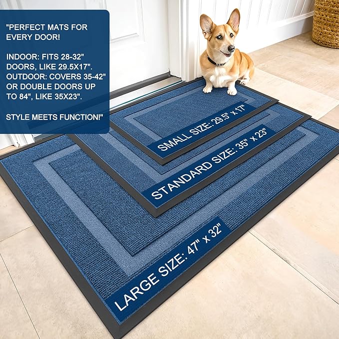 OLANLY Front Door Mat Indoor Outdoor Entrance, Waterproof All-Season, All-Weather Doormat, Sturdy Natural Rubber, Fade Resistant, Low Profile, Easy Clean Patio Porch Entryway Mat, 59x34, Light Blue