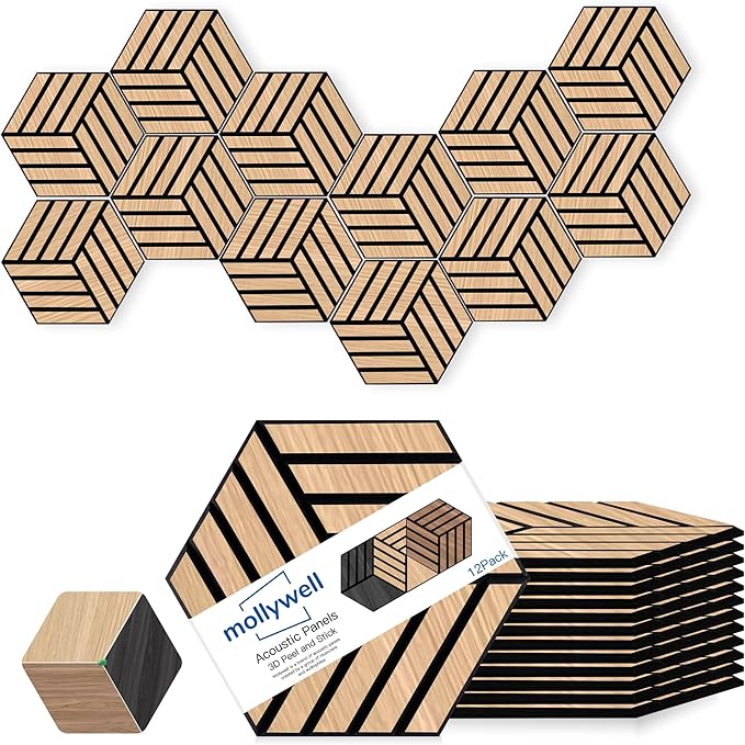Mollywell Acoustic Panels, PVC Wood-Grain, 14x12 Inch Hexagon Carved Sound